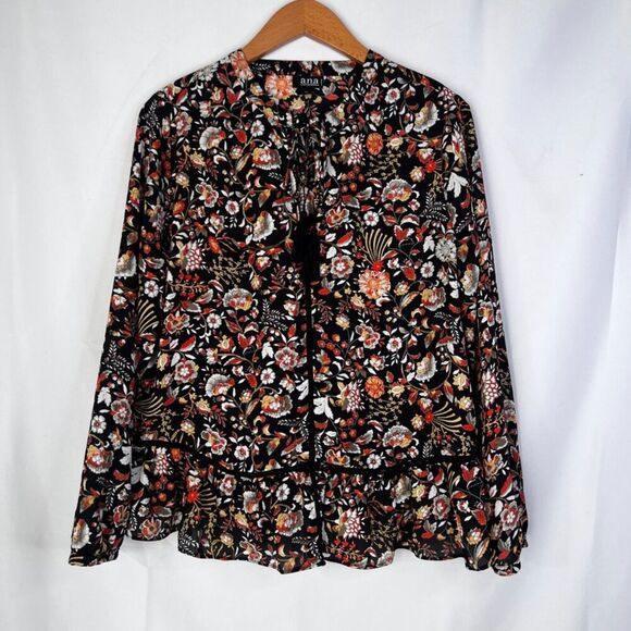 ANA Bold Black Maximal Floral Tie Neck Long Sleeve Peasant Boho Blouse Size PL - Picture 11 of 11